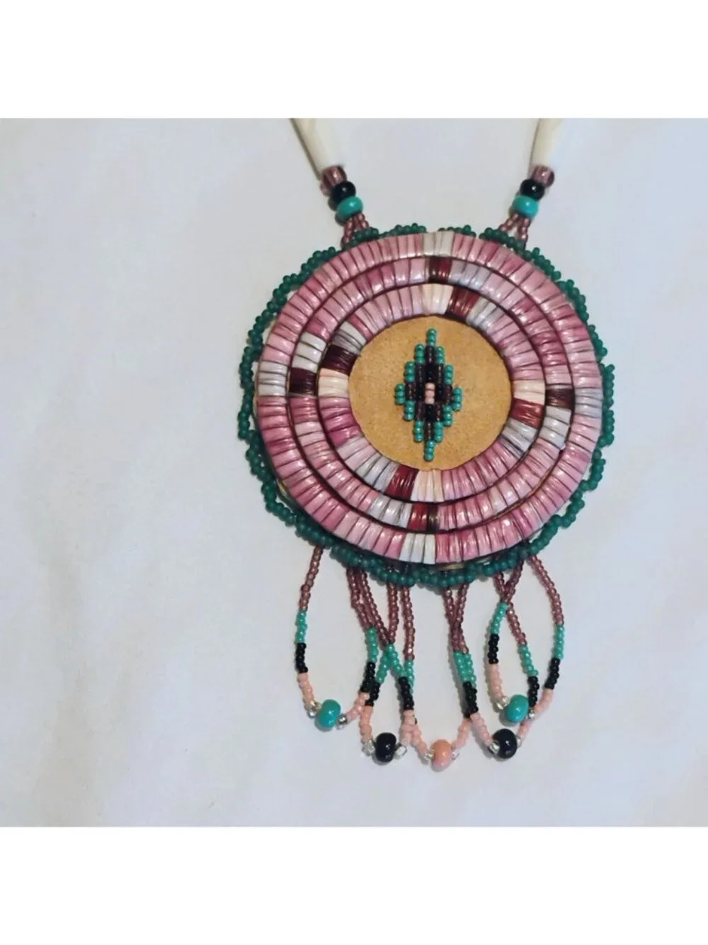 Vtg Native Wampum Bead Necklace Purple Spiny Oyster Shell on Leather - Picture 2 of 12